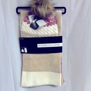 Market & Layne Beige and White Knit Scarf and Hat Set